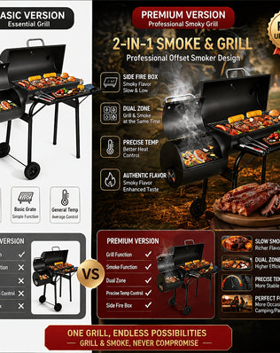 Offset Charcoal Grill Smoker Multi-Purpose Barrel BBQ Grill, Outdoor Cooking Grill for Backyard Camping, Ideal Father’s Day Gift for Men