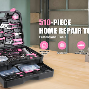 510Pcs Pink Home Repair Tool Kit with Drawer Storage Toolbox