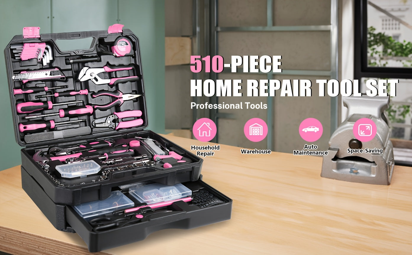 510Pcs Pink Home Repair Tool Kit with Drawer Storage Toolbox
