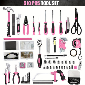 510Pcs Pink Home Repair Tool Kit with Drawer Storage Toolbox