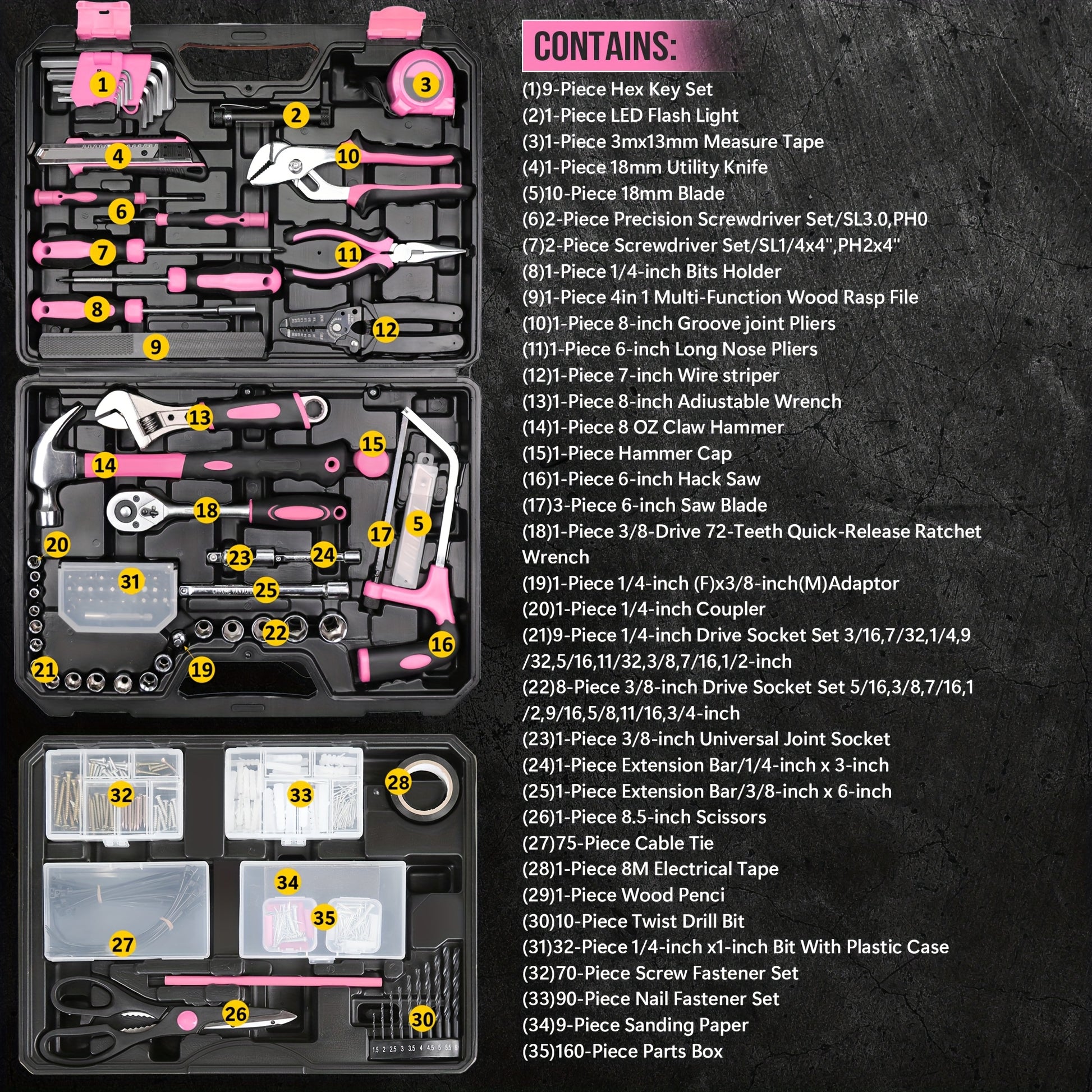 510Pcs Pink Home Repair Tool Kit with Drawer Storage Toolbox
