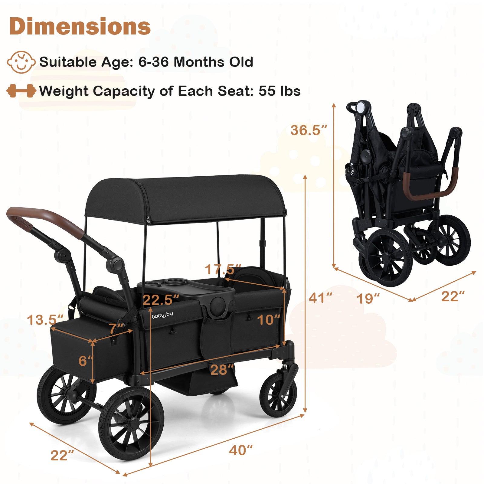 Double Seat Kids Wagon Stroller Foldable Toddler Push Pull Cart with Removable Canopy Storage Bag