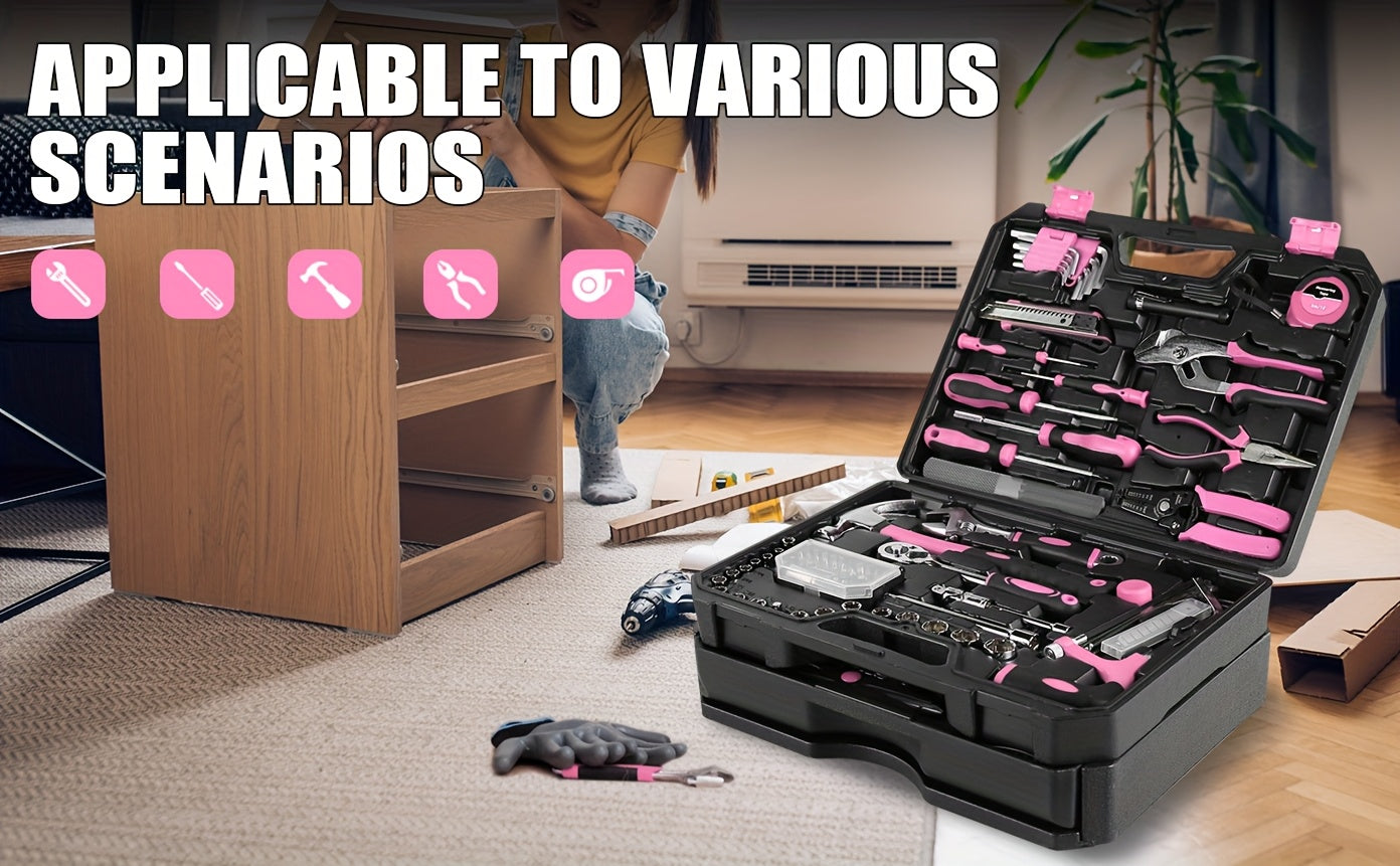 510Pcs Pink Home Repair Tool Kit with Drawer Storage Toolbox
