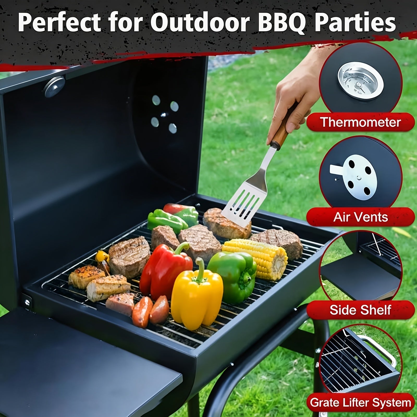 Offset Charcoal Grill Smoker Multi-Purpose Barrel BBQ Grill, Outdoor Cooking Grill for Backyard Camping, Ideal Father’s Day Gift for Men