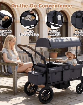 Double Seat Kids Wagon Stroller Foldable Toddler Push Pull Cart with Removable Canopy Storage Bag