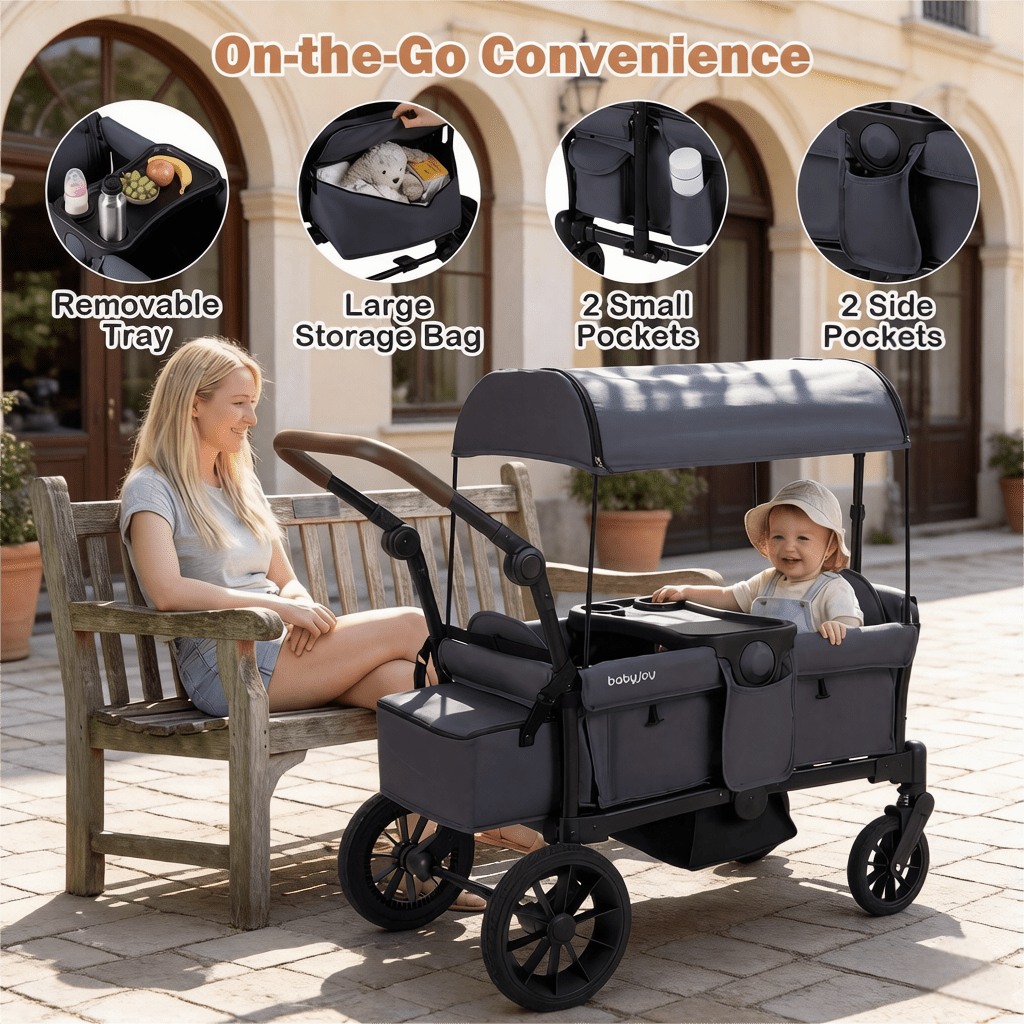 Double Seat Kids Wagon Stroller Foldable Toddler Push Pull Cart with Removable Canopy Storage Bag