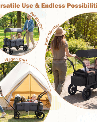 Double Seat Kids Wagon Stroller Foldable Toddler Push Pull Cart with Removable Canopy Storage Bag