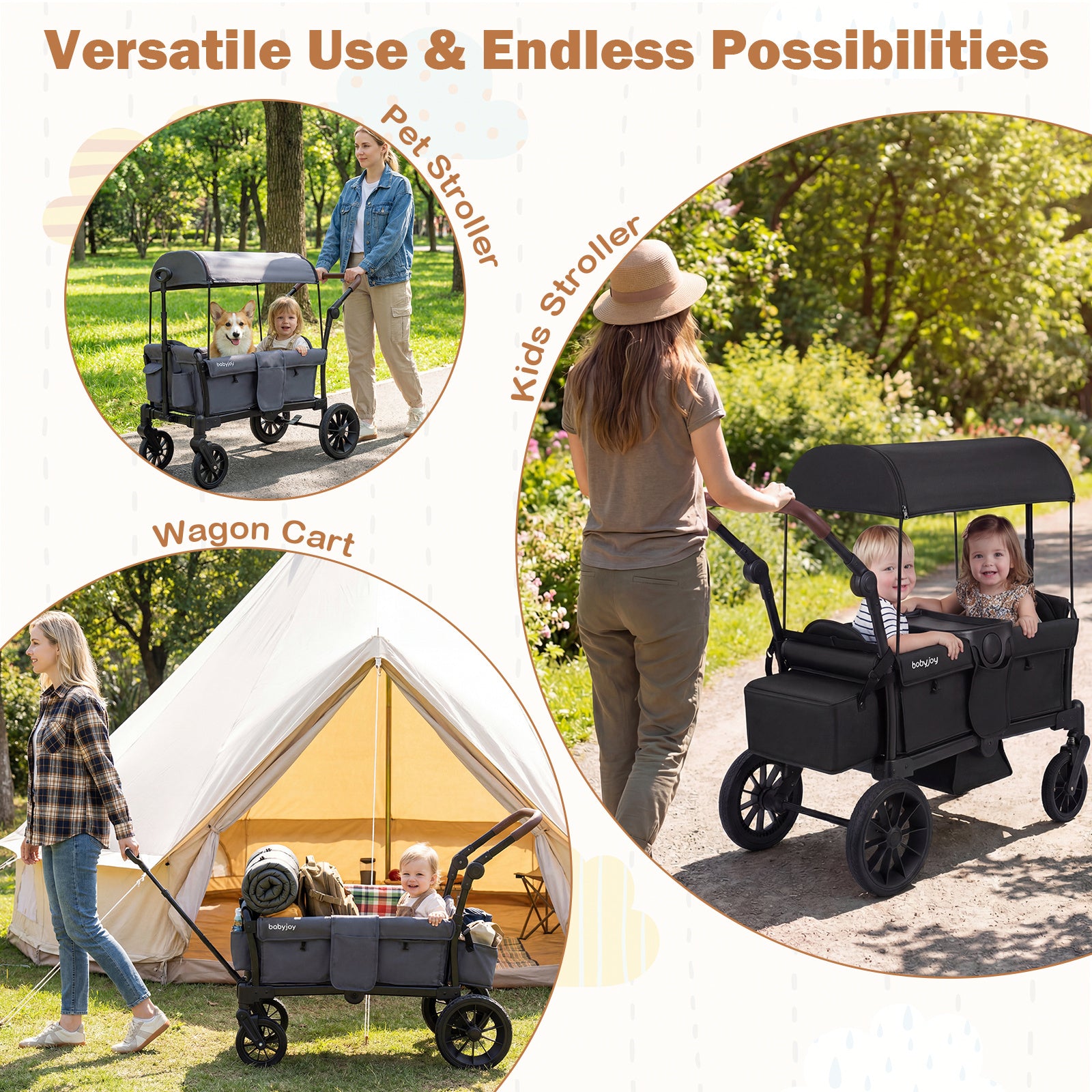 Double Seat Kids Wagon Stroller Foldable Toddler Push Pull Cart with Removable Canopy Storage Bag