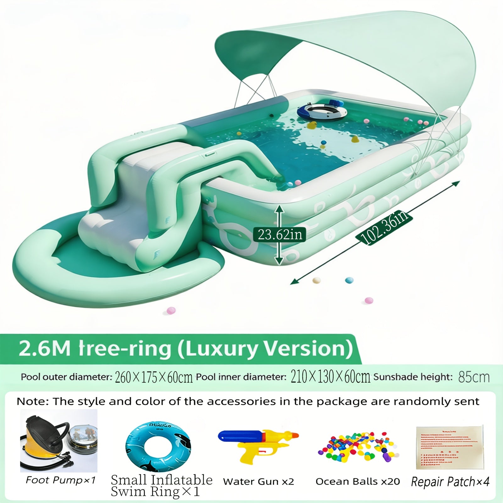 Luxury Inflatable Family Pool with Slide, Sunshade Canopy & Full Accessory Kit