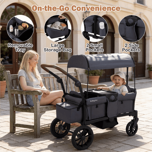 Double Seat Kids Wagon Stroller Foldable Toddler Push Pull Cart with Removable Canopy Storage Bag
