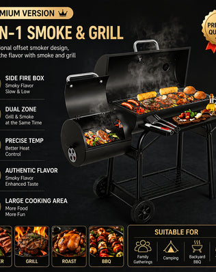 Offset Charcoal Grill Smoker Multi-Purpose Barrel BBQ Grill, Outdoor Cooking Grill for Backyard Camping, Ideal Father’s Day Gift for Men