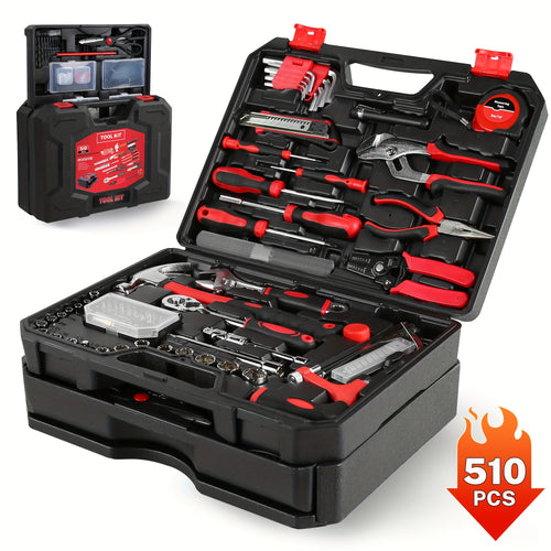 510Pcs Pink Home Repair Tool Kit with Drawer Storage Toolbox