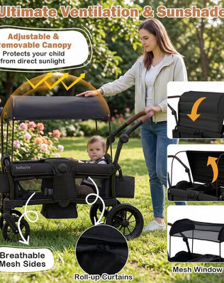 Double Seat Kids Wagon Stroller Foldable Toddler Push Pull Cart with Removable Canopy Storage Bag