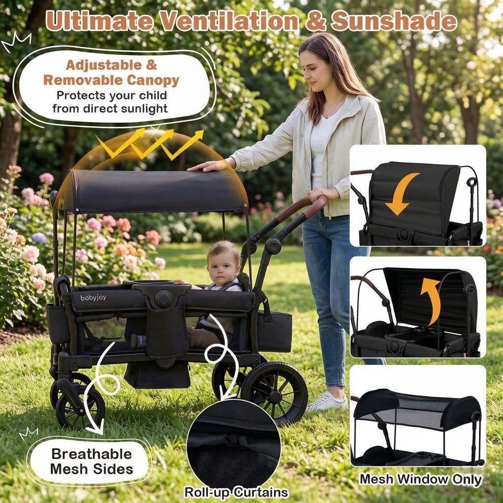 Double Seat Kids Wagon Stroller Foldable Toddler Push Pull Cart with Removable Canopy Storage Bag