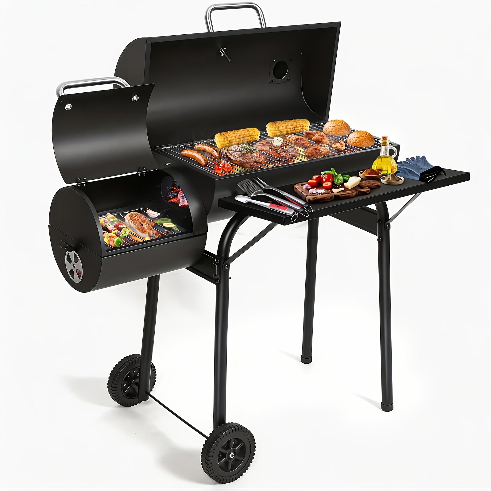 Offset Charcoal Grill Smoker Multi-Purpose Barrel BBQ Grill, Outdoor Cooking Grill for Backyard Camping, Ideal Father’s Day Gift for Men