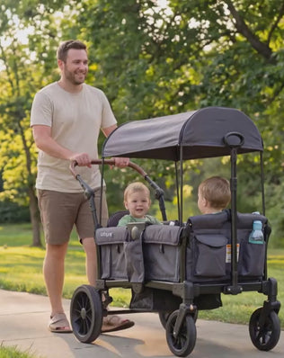 Double Seat Kids Wagon Stroller Foldable Toddler Push Pull Cart with Removable Canopy Storage Bag